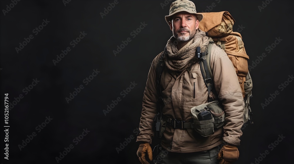 Portrait shot of a rugged determined explorer dressed in tactical expedition gear standing against a plain charcoal studio background with dramatic lighting and shadows Portrait shot of a rugged determined explorer dressed in tactical expedition gear standing against a plain charcoal studio background with dramatic lighting and shadows