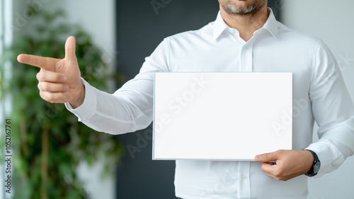 Person in white shirt holding blank signboard, gesturing for attention. Green plant softly blurred in background, focus on blank space.