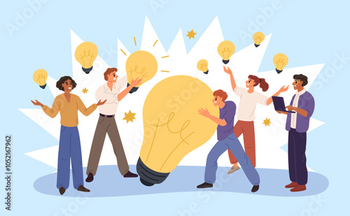 Teamwork to find new ideas. People with light bulbs. Innovative solutions to problems. Brainstorming and creativity. Businessman holding lamps. Innovative startup. Garish vector concept