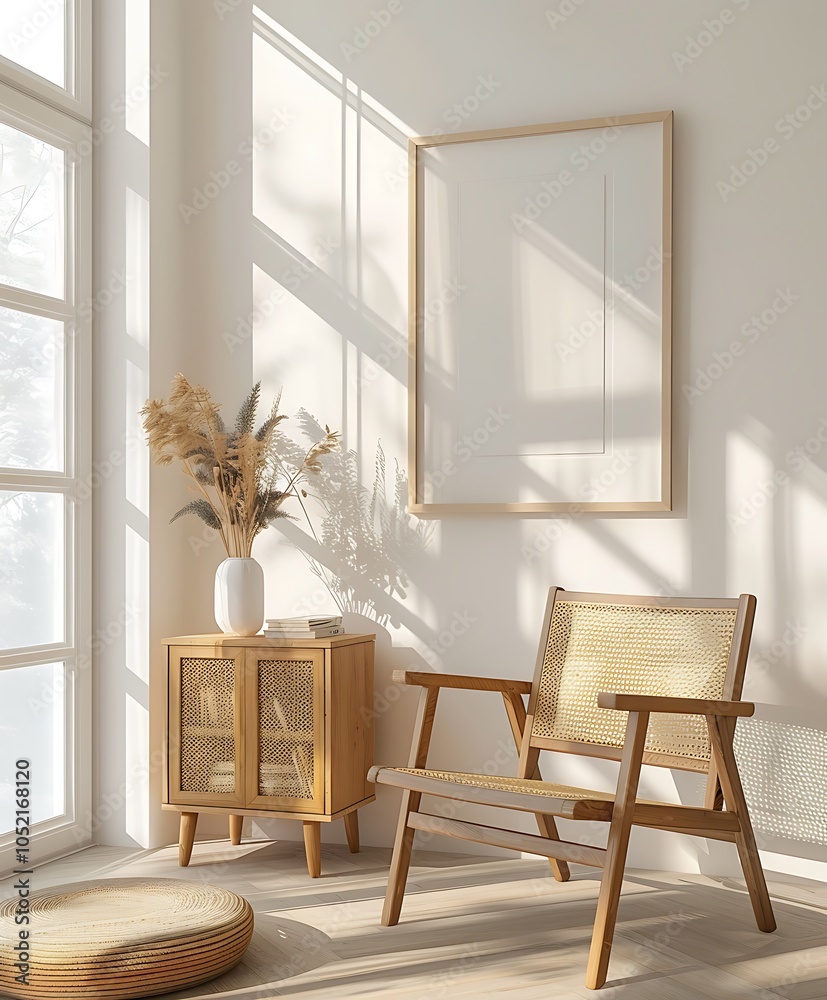 Frame mock up on Living Room, Minimalist Corner with Soft Shadows and Artistic Decor- Generative Ai Frame mock up on Living Room, Minimalist Corner with Soft Shadows and Artistic Decor- Generative Ai
