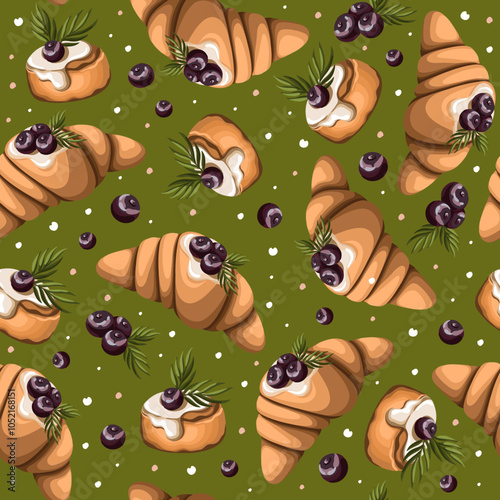 Seamless pattern with croissants and cheesecakes. Print with blueberry desserts. Vector.