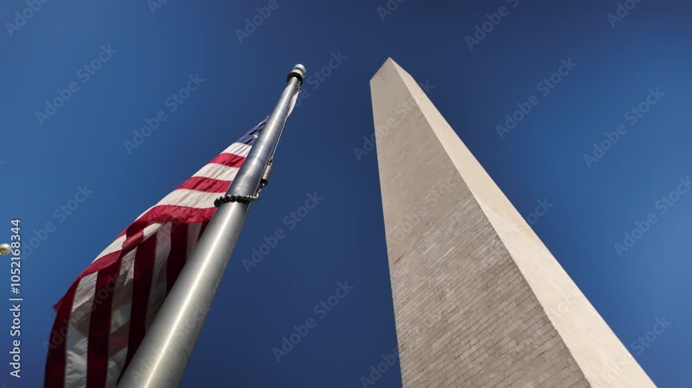 American flags wave in the wind near the Washington Monument in Washington DC, a white stone obelisk, against a clear blue sky.