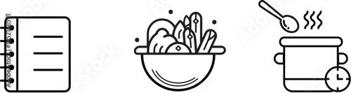 A set of three black and white line art icons depicting a recipe book, a bowl of assorted vegetables, and a cooking pot with a spoon.eps