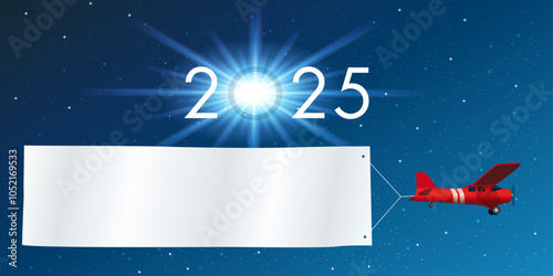 Carte de vœux 2025 sur fond de ciel étoilé, avec un avion rouge tirant une banderole blanche pour écrire un message ou souhaiter ses meilleurs vœux pour la nouvelle année.