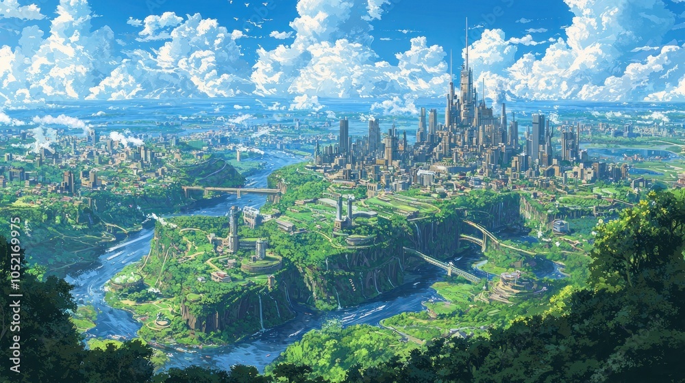 Fototapeta premium Futuristic Cityscape with Rivers and Green Landscapes