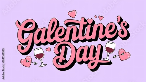 Pink Galentine's Day Text with Hearts and Wine Glasses photo