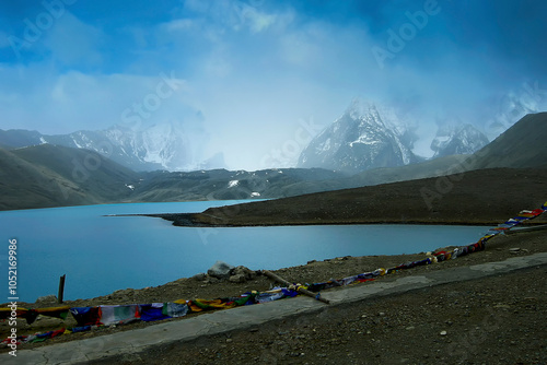 Gurudongmar Lake, one of the highest lakes in the world and India,17,800 ft, Sikkim, India. Considered sacred by Buddhists, Sikhs and Hindus. The lake is named after Guru Padmasambhava, Guru Rinpoche.