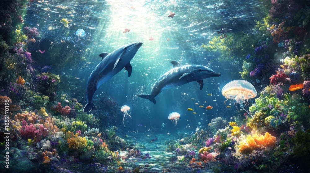 Fototapeta premium Two dolphins gracefully swim through a vibrant coral reef illuminated by sunlight in a tranquil underwater paradise