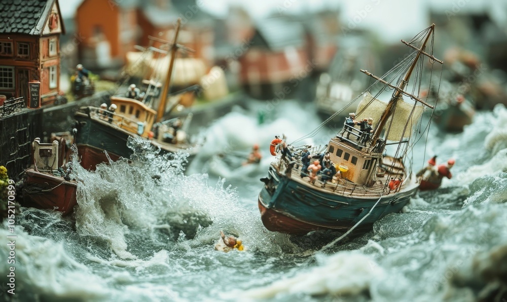 Obraz premium Model boats sail in a miniature stormy sea.