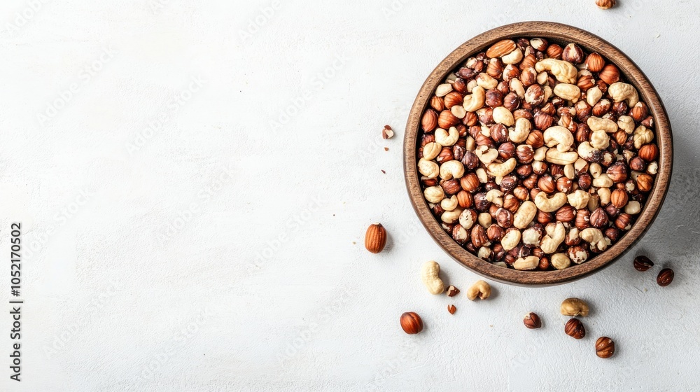 A bowl of mixed nuts on a light background, ideal for snacking or cooking. A bowl of mixed nuts on a light background, ideal for snacking or cooking.