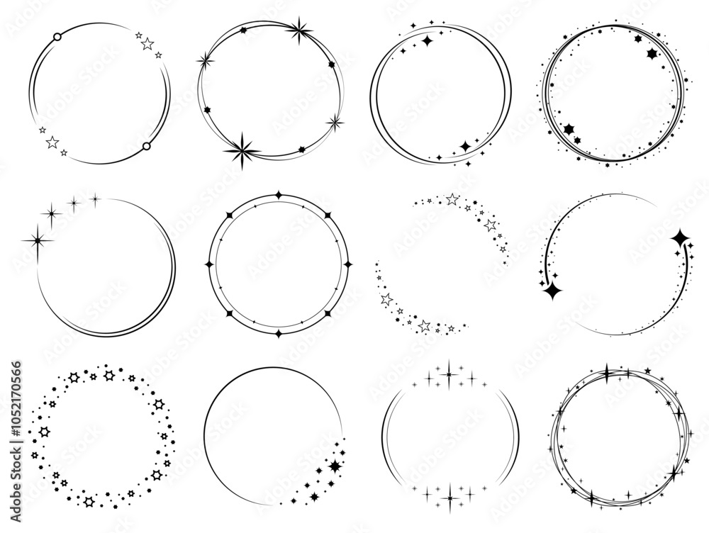Round frames with glow effect. Stardust sparks silhouettes. Shiny stars circles. Invitations and postcards decorative elements. Magic sparkles. Shimmer twinkles. Vector borders set