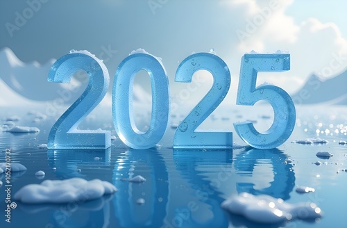 2025 text made of ice. It stands on the water, and there is a cold winter atmosphere around. photo