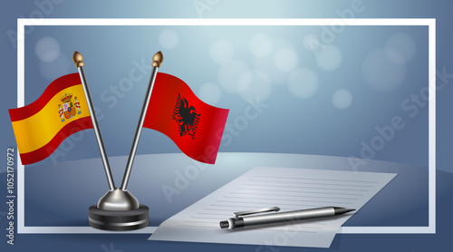 Spain and Albania Small national flag on bokeh background, cooperative relationship