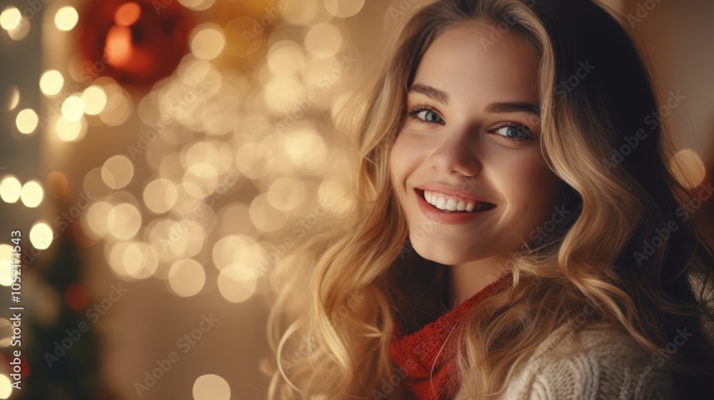 Naklejka premium Beautiful woman celebrating Christmas at home. Girl in a seasonal winter interior. The concept of holidays.