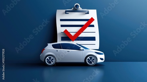 Car Checklist: A white car is parked in front of a checklist with a red checkmark. This image is perfect for automotive, insurance, or car repair businesses. It represents reliability, quality.