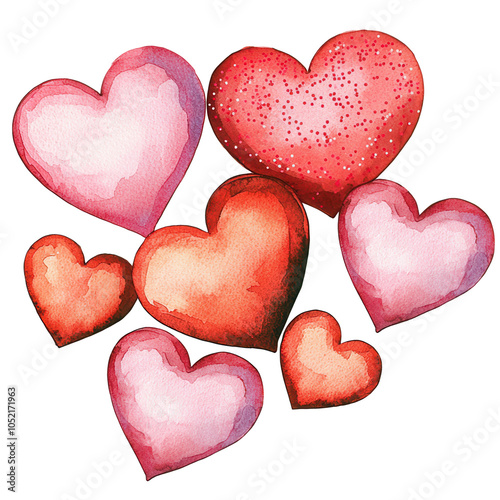 A vibrant collection of pink and red watercolor hearts on a transparent background, evoking feelings of love and affection.