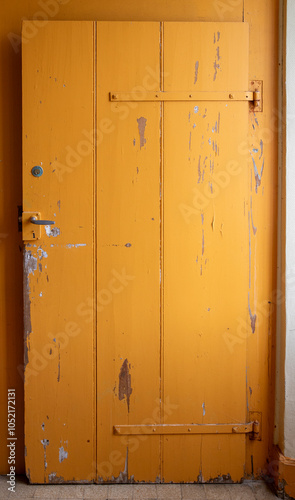 Une porte en bois orange patiné avec une serrure en métal en intérieur. La porte est peinte d'une couleur orange délavée et est couverte de traces d'impacts. photo