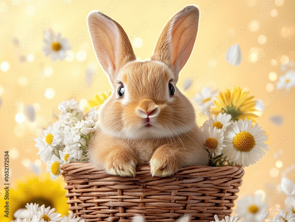 Cute Bunny in Basket Surrounded by Flowers Cute Bunny in Basket Surrounded by Flowers