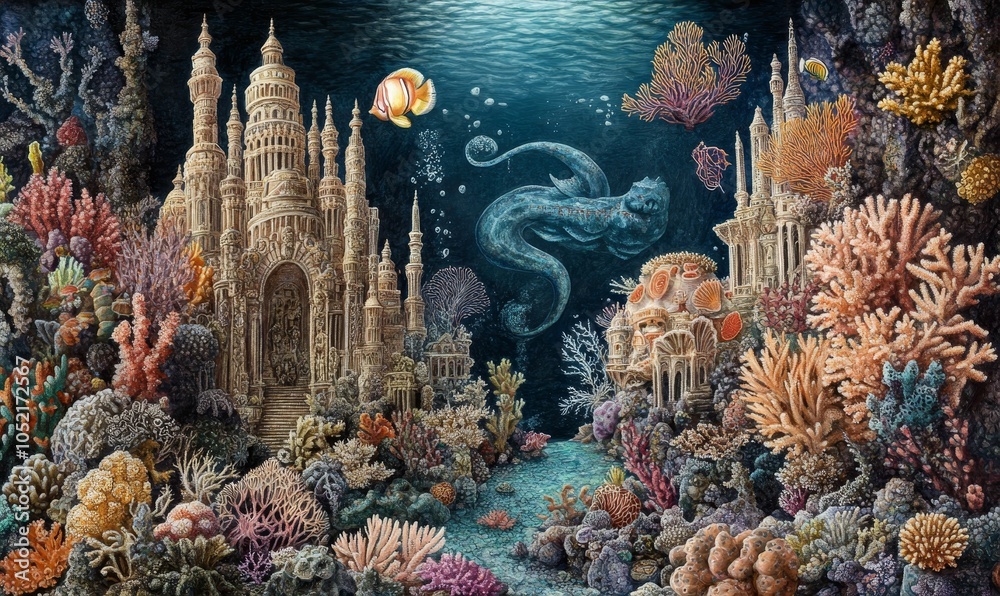 Fototapeta premium Underwater city with coral and fish.
