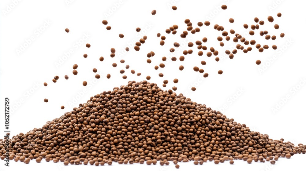 A mound of small brown pellets, some scattering above, possibly representing seeds or grains. A mound of small brown pellets, some scattering above, possibly representing seeds or grains.