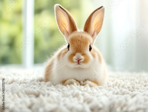 Fluffy Rabbit with Long Ears Sitting on Soft Surface photo