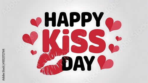 Happy Kiss Day greeting with a red lipstick kiss and hearts photo