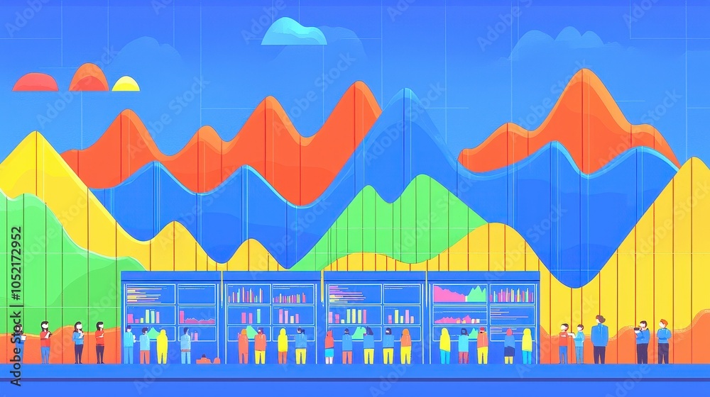 A vibrant digital illustration featuring colorful mountains, people, and shelves, suggesting a lively market or festival atmosphere. A vibrant digital illustration featuring colorful mountains, people, and shelves, suggesting a lively market or festival atmosphere.