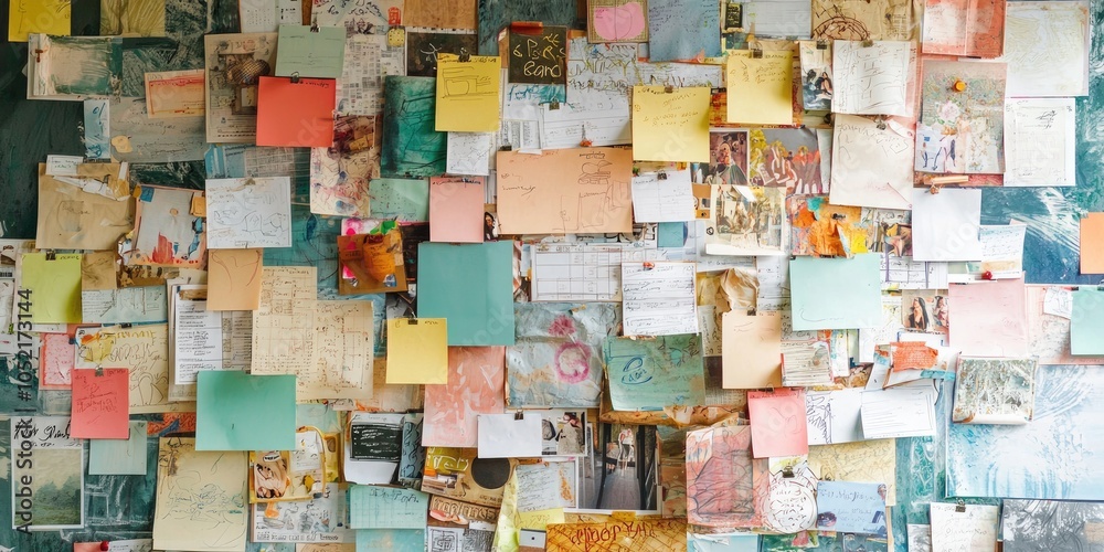 A vision board filled with New Year goals, sticky notes, and motivational quotes, ready for planning success. A vision board filled with New Year goals, sticky notes, and motivational quotes, ready for planning success.