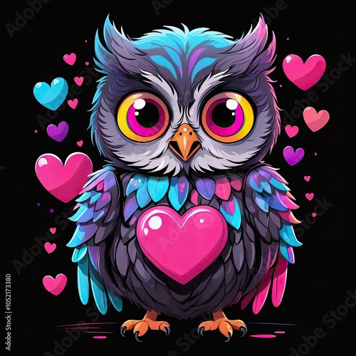 A colorful owl holds a large pink heart against a black background photo