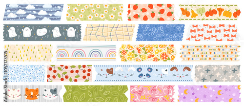 Patterned kawaii washi tapes. Decorative sticky strips. Scrapbooking elements. Stationery plaster. Ripped scotch parts. Journal and diary completion. Childish print. Recent vector set