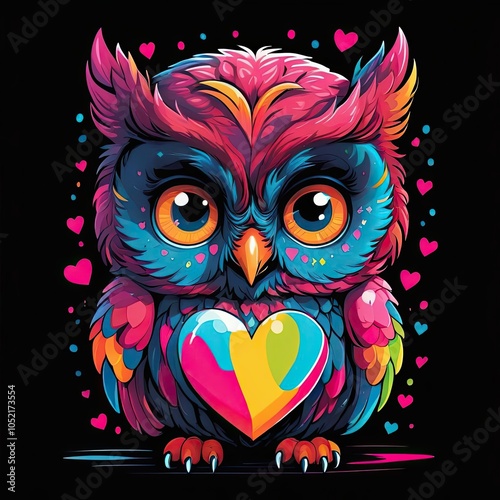 A colorful owl with large eyes and a heart in its talons stands against a black background photo