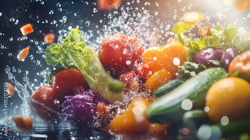 Colorful vegetables with water spray Health theme photo