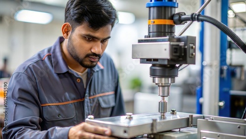 Indian Worker Operating CNC Machine - A skilled operator using a CNC machine for precision work.
 photo