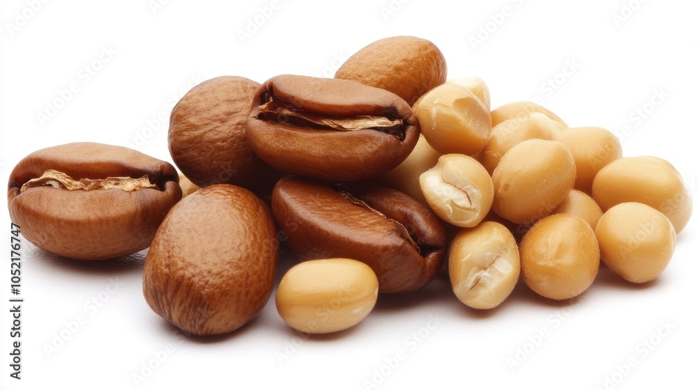 A pile of roasted coffee beans and soybeans, showcasing their textures and colors. A pile of roasted coffee beans and soybeans, showcasing their textures and colors.