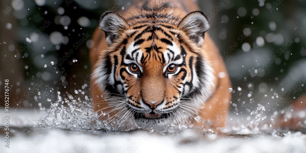 Obraz premium Siberian Tiger Running Through Water Splashing Close Up Face Wildlife Photography