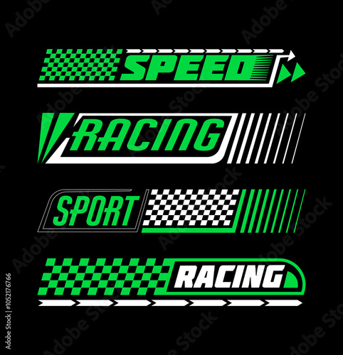 Race car sport. Formula speed sport icon. Stripe decal pattern. Auto rally. Bike racing check badge. Transport motor. Green ribbon border. Checkered automobile decoration. Vector design signs set
