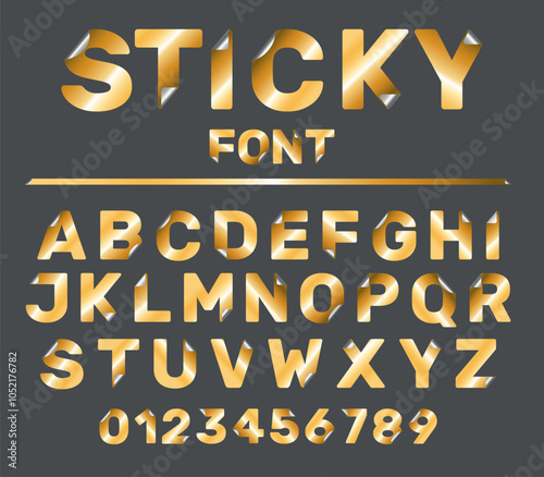 Golden font with curved corners. Foil sticker alphabet. Shiny rounded adhesive letters and numbers. Peeling ABC. Paper uppercase symbols with metal effect. Vector alphabetical icons set