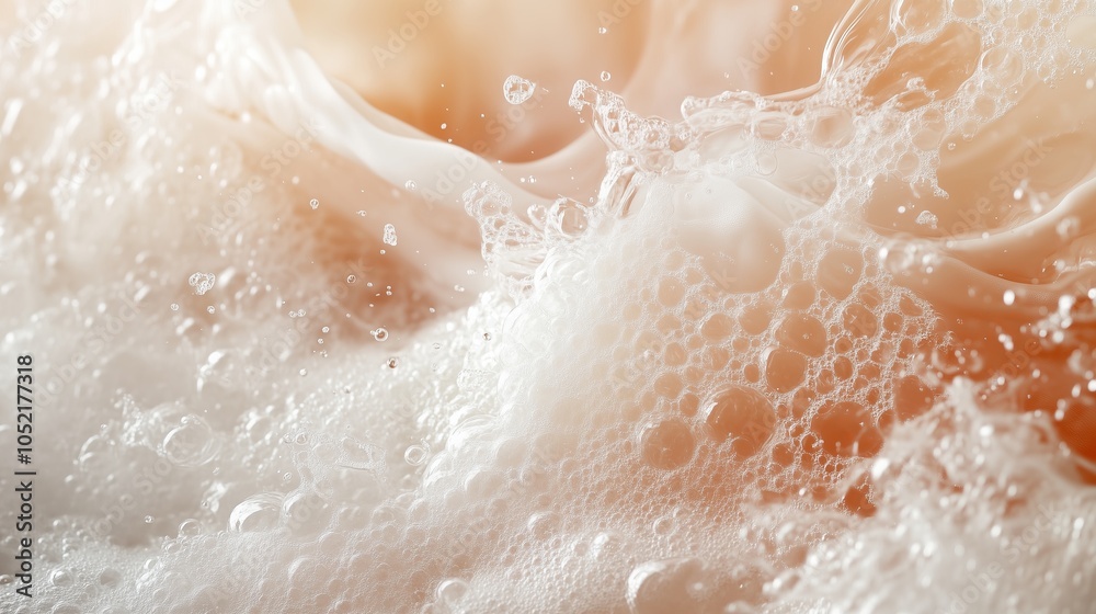 Fototapeta premium A close-up shot of soap suds with many bubbles and drops. The foam looks airy and delicate, with fine bubble details and subtle play of light creating a soft, soothing mood.