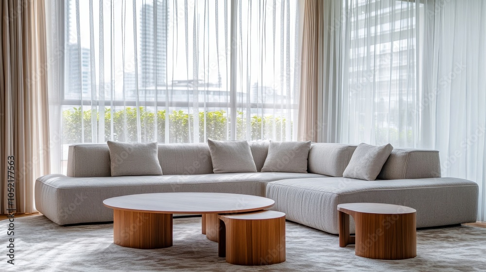 Fototapeta premium A contemporary living room features an L-shaped sofa and circular tables, with large windows overlooking a bustling cityscape.