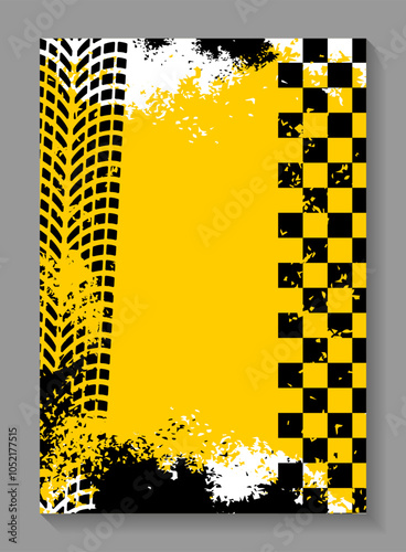 Race car track. Flag sport racing. Road checker frame. Rally speed drive. Formula competition finish stripe. Auto tire wheel print. Tyre drift. Street dirt. Grunge yellow banner. Vector background