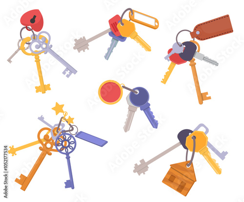 Door keys bunches. Cartoon keyrings with keychains. Real estate property entrance unlocking accessories. Vintage and modern designs. Steel openers bundle. Vector isolated latchkeys set