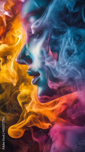 Colorful smoke forming faces fluid dynamics dreamlike quality mesmerizing abstract design. AI generated