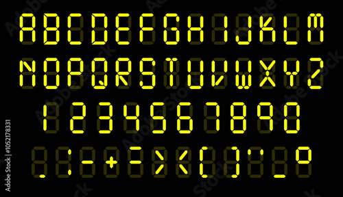 Digital fluorescent font. Display letters, numbers and punctuation marks. Electronic glowing alphabet. Calculator or tablo screen. Uppercase text symbols. Vector alphabetical icons set