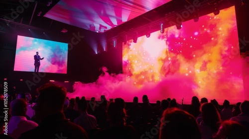 Vibrant product launch event, enthusiastic attendees engaged, dynamic on-stage presentation, bold branding visuals captivating the audience