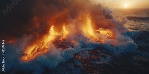 Eruption of fiery lava meeting the ocean during sunset creates a dramatic spectacle along the coastline