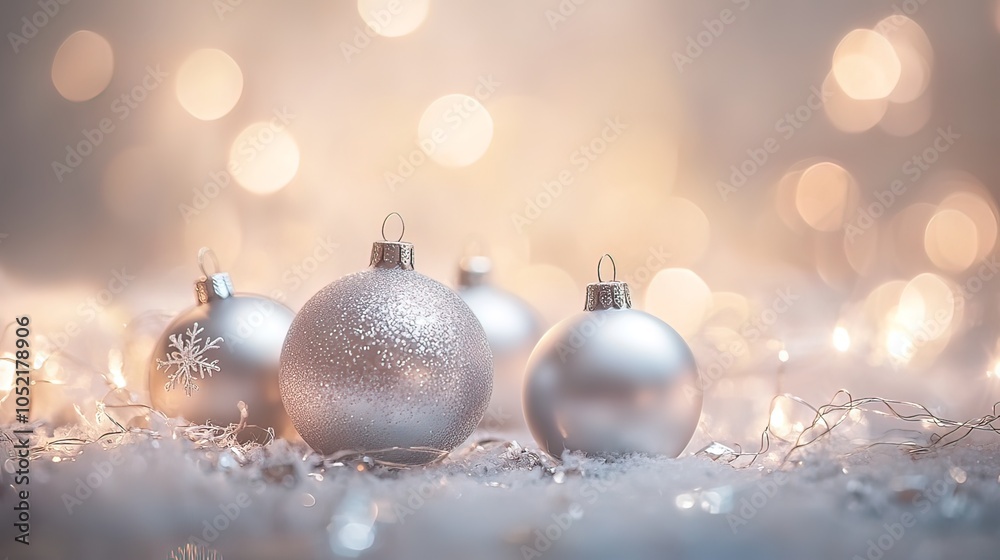 Silver Christmas Ornaments with Bokeh Lights Silver Christmas Ornaments with Bokeh Lights