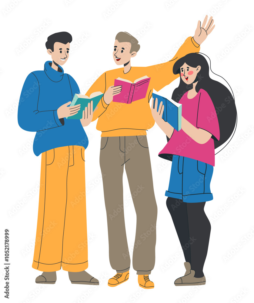 People read book. Friends student reading. Men and woman hold textbook, teenage standing character. Education and knowledge. Bookstore and library. Vector cartoon flat style isolated illustration People read book. Friends student reading. Men and woman hold textbook, teenage standing character. Education and knowledge. Bookstore and library. Vector cartoon flat style isolated illustration