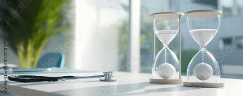 Two elegant hourglasses on a modern desk symbolize time management and productivity in a bright office environment.