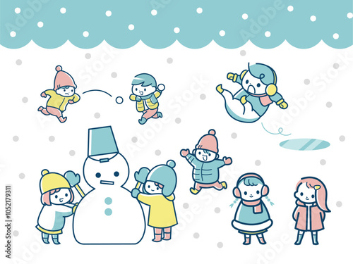 雪だるまと子供たちの冬のイラスト