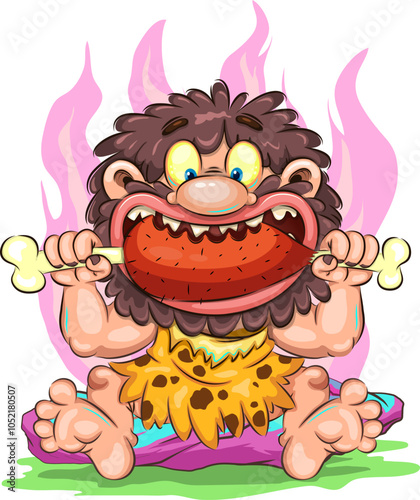 Cartoon Hungry Caveman. A funny illustration of a caveman eating a piece of meat on a bone. Children's bright illustration.